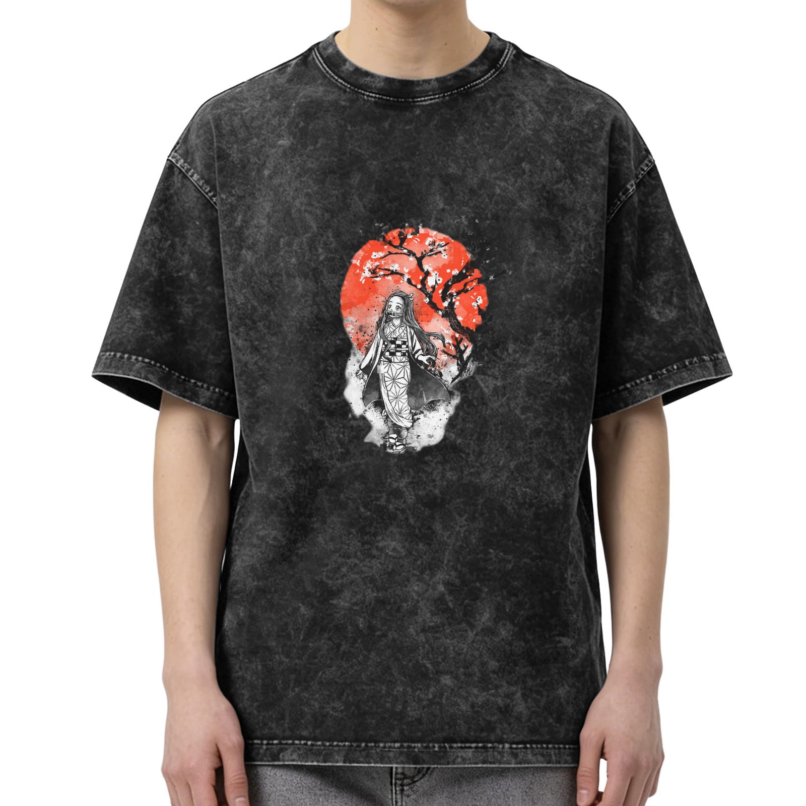 Oversized Vintage Wash Anime Graphic T-Shirt featuring Nezuko Kamado with Red Sun and Cherry Blossom Tree Design