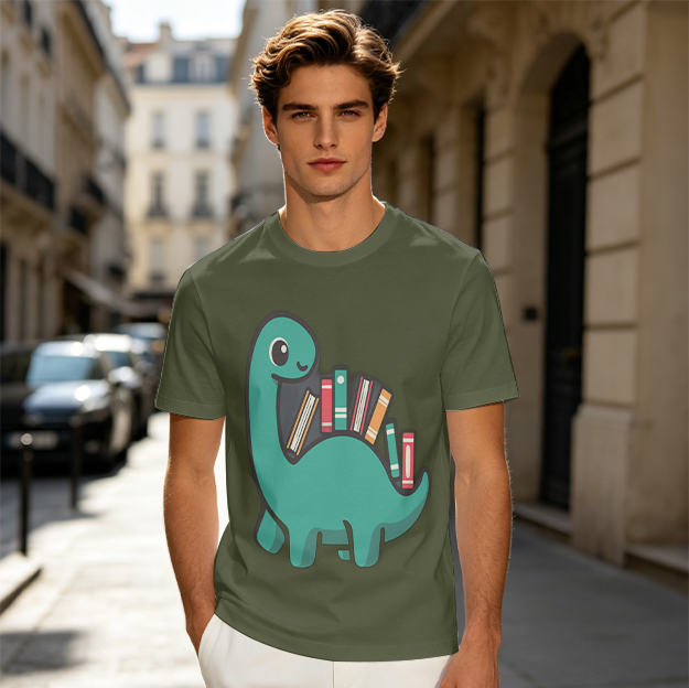 Olive T-shirt with cute dinosaur carrying books graphic