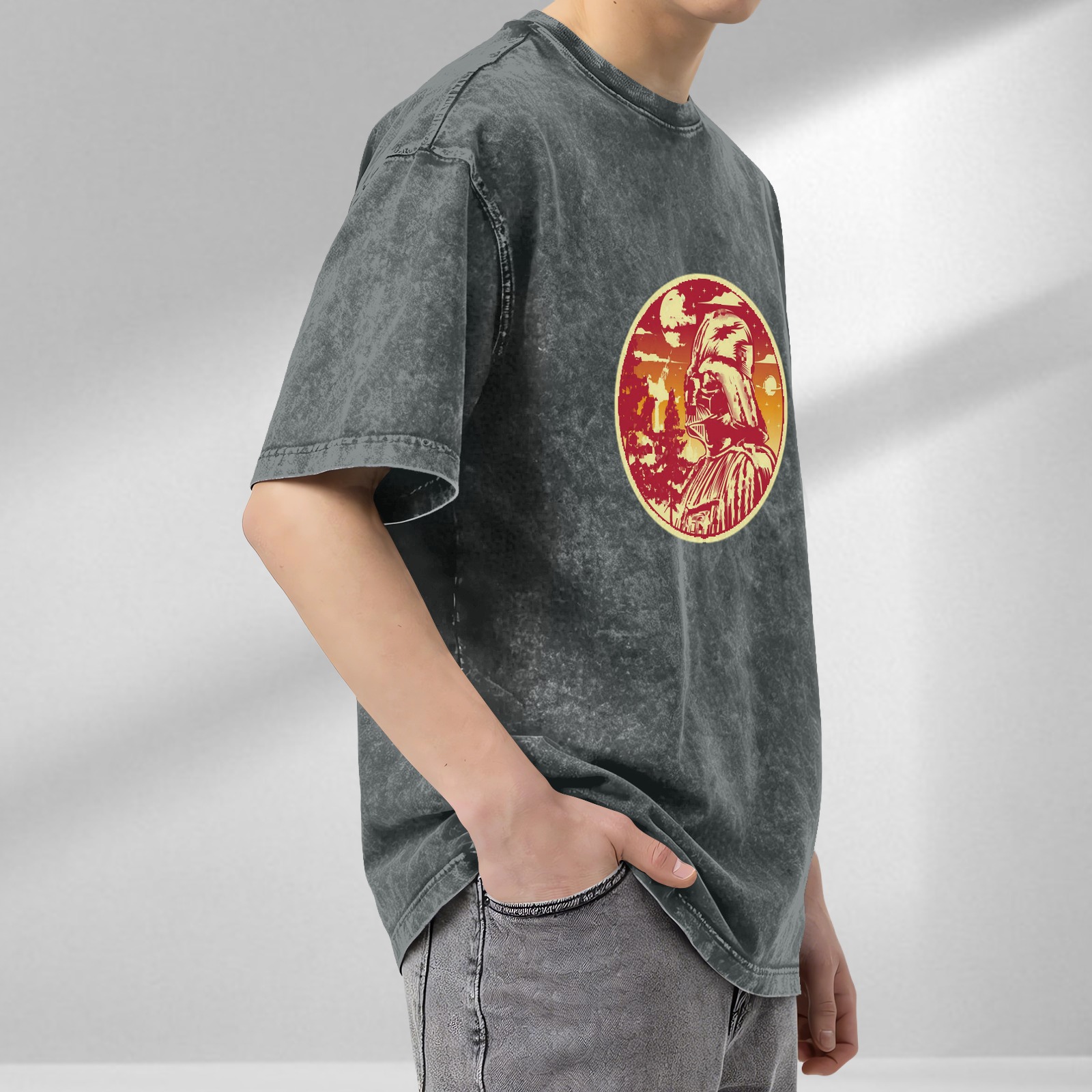 Oversized Dark Wash T-Shirt With Star Wars Darth Vader Sunset Print