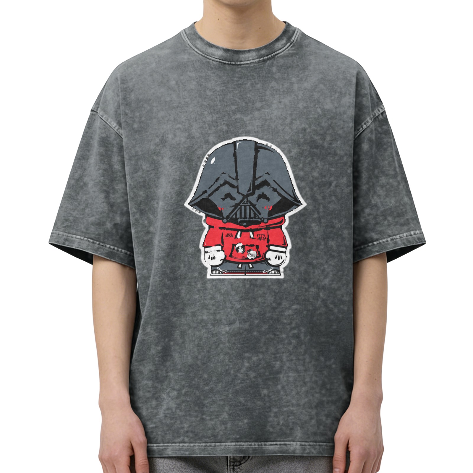 Oversized Dark Wash T-Shirt with Cute Darth Vader Hoodie Print
