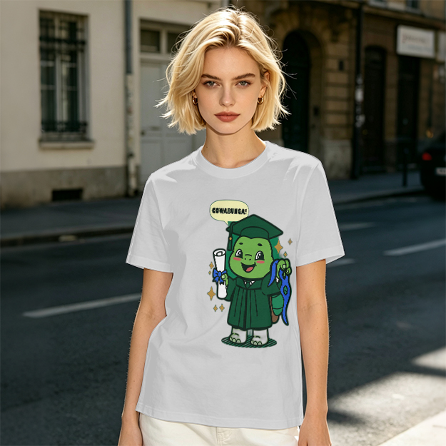 Olive T-shirt with Graduation Turtle Saying Cowabunga