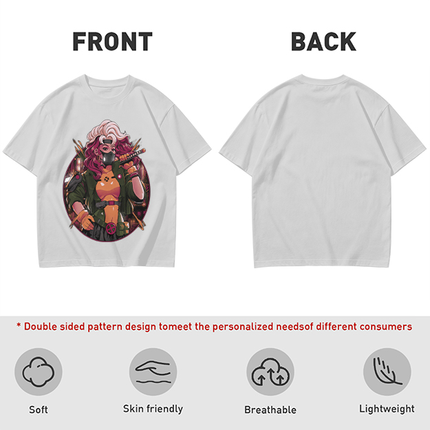 Olive T-Shirt with Anime Cyberpunk Female Warrior Print