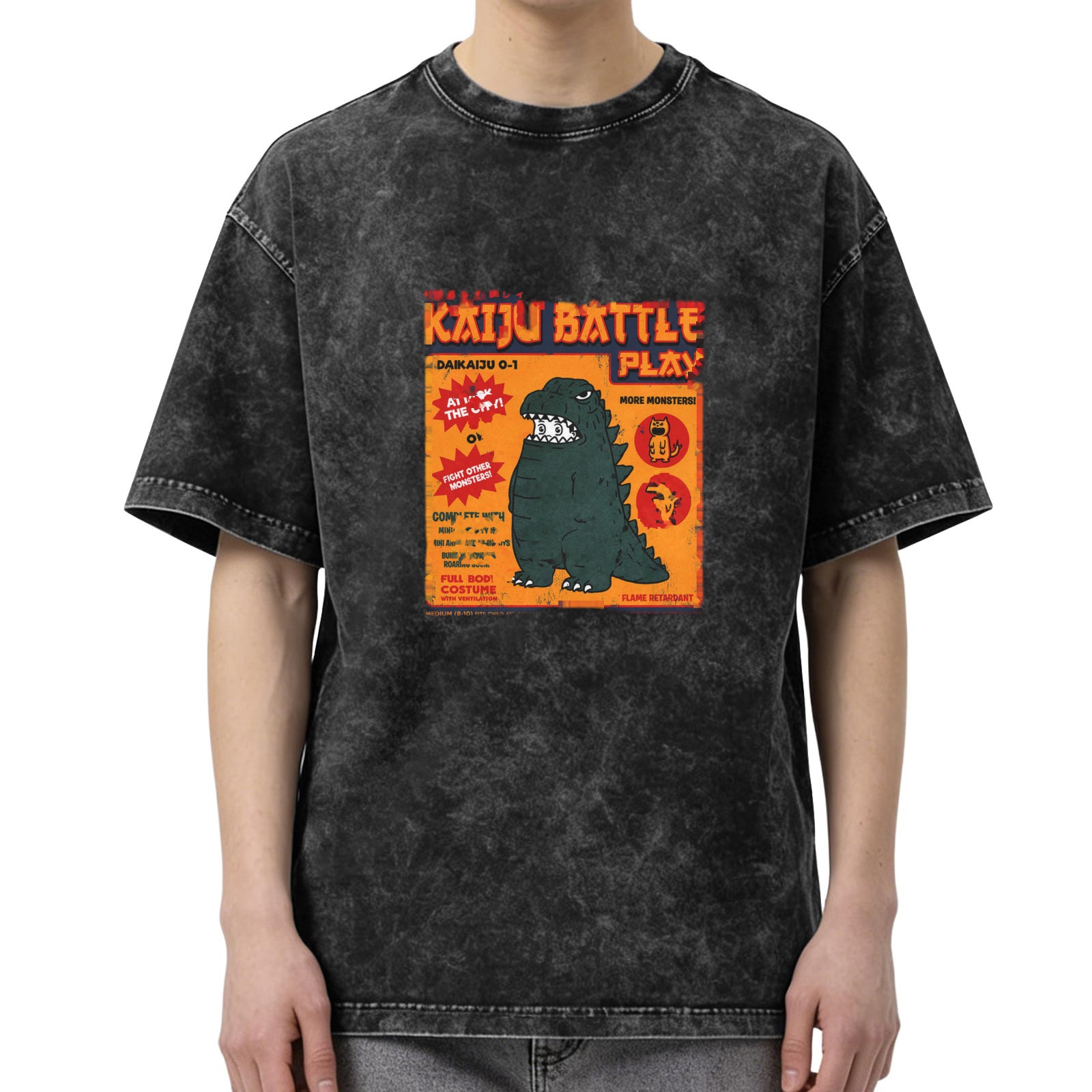Kaiju Battle Play Graphic Oversized Acid Wash T-Shirt