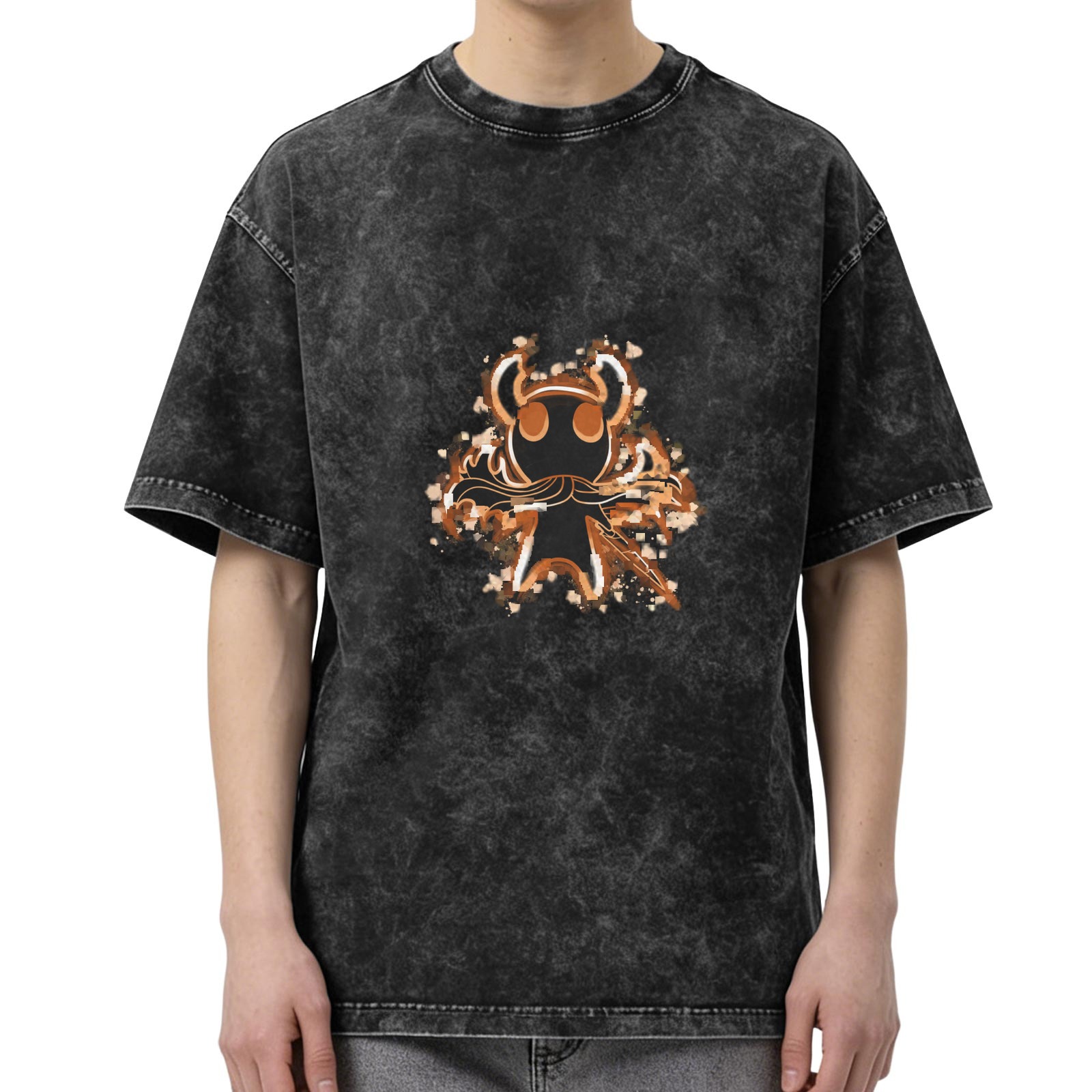 Washed Black Graphic T-Shirt with Hollow Knight Style Character Print