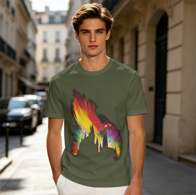 Olive T-Shirt With Colorful Abstract Animal Silhouette Print