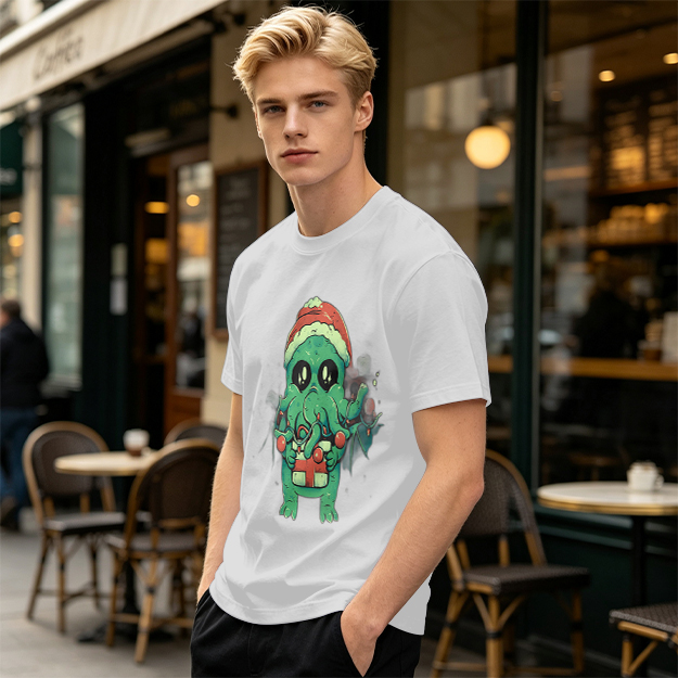 Olive Green T-Shirt With Cute Christmas Cthulhu Graphic
