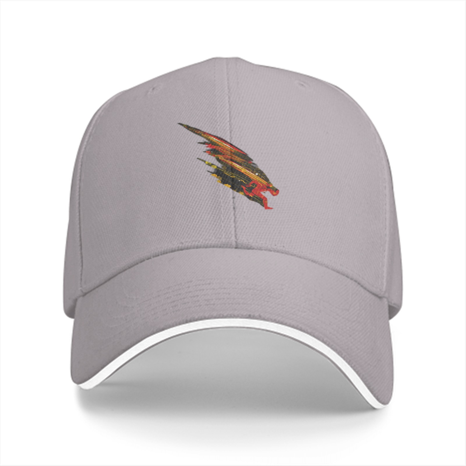Black baseball cap with stylized fiery feathered creature graphic
