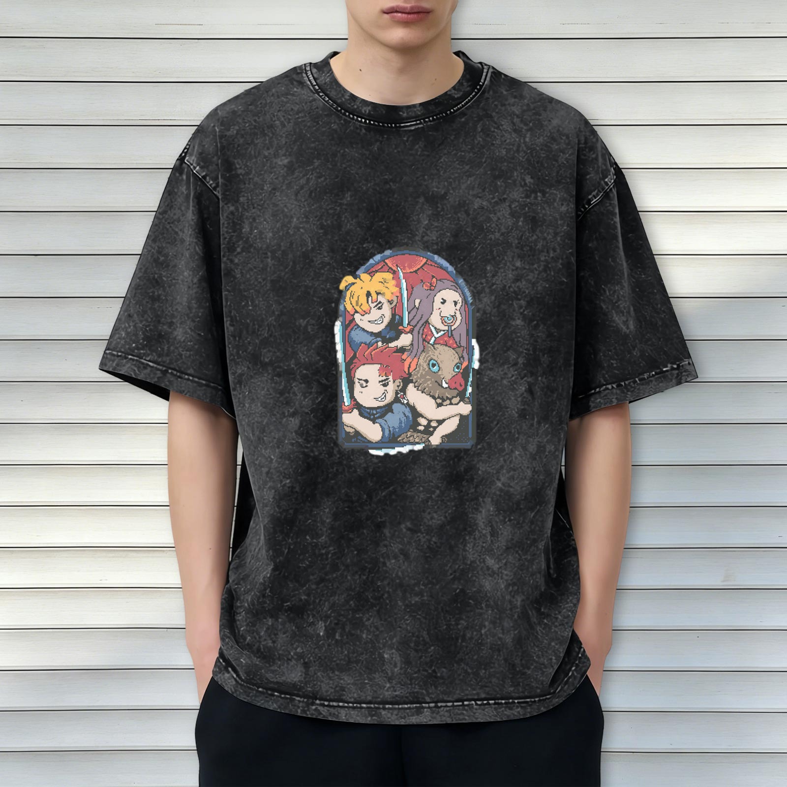 Oversized Dark Wash T-Shirt With Anime Demon Slayer Style Characters Print
