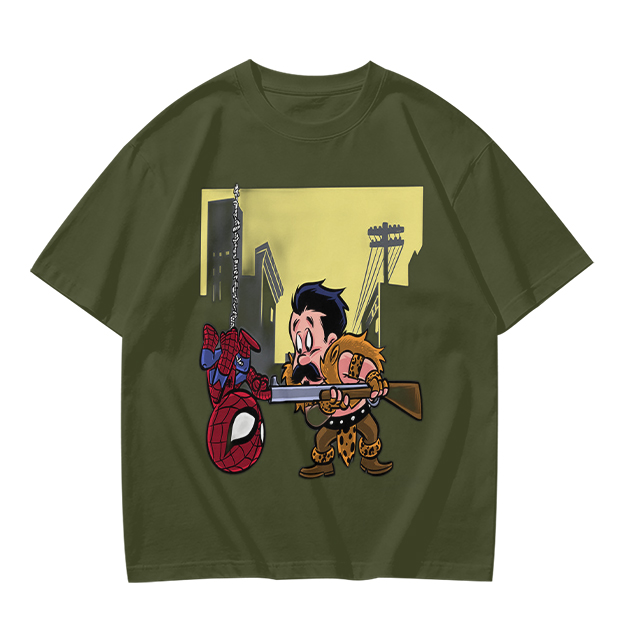 Olive T-shirt with Spider-Man and Hunter Cartoon Print