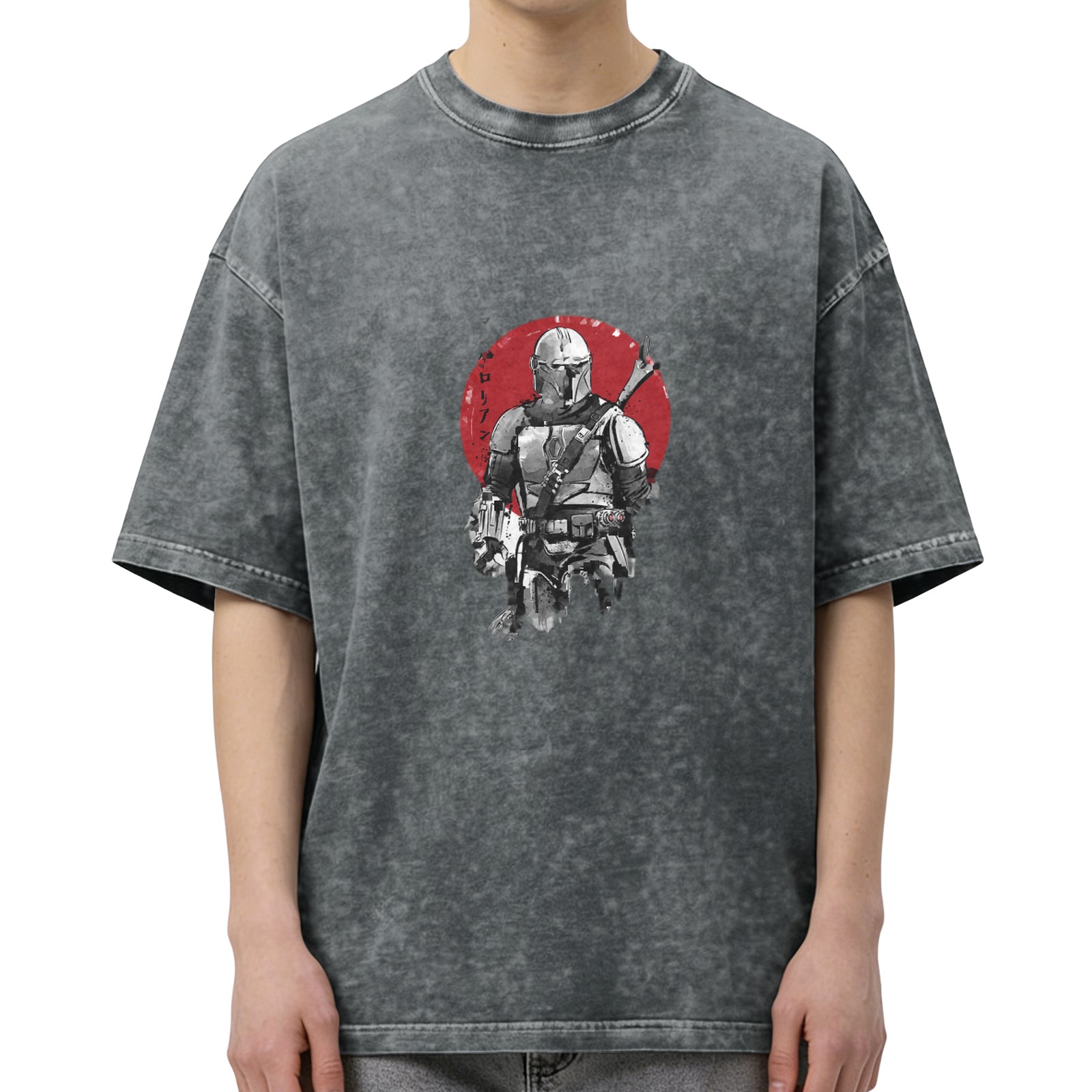 Washed Black T-Shirt With Mandalorian Warrior Red Circle Graphic