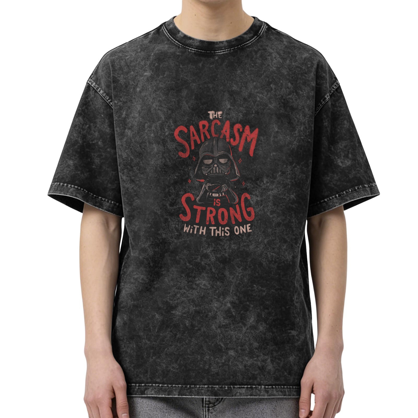 Washed black graphic t-shirt with 'The Sarcasm is Strong' Darth Vader design