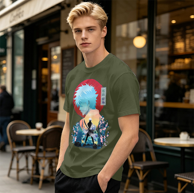 Anime samurai graphic olive green casual t-shirt