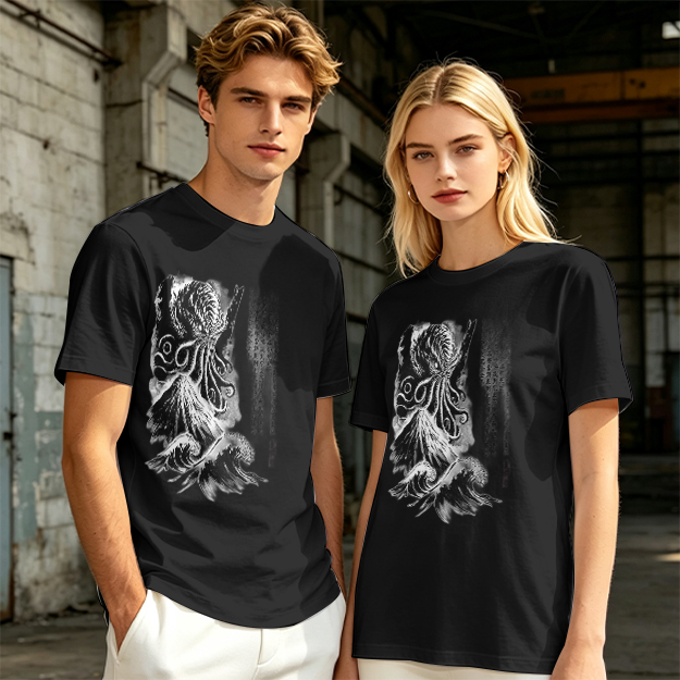 Olive T-shirt with Cthulhu and Wave Gothic Art Print