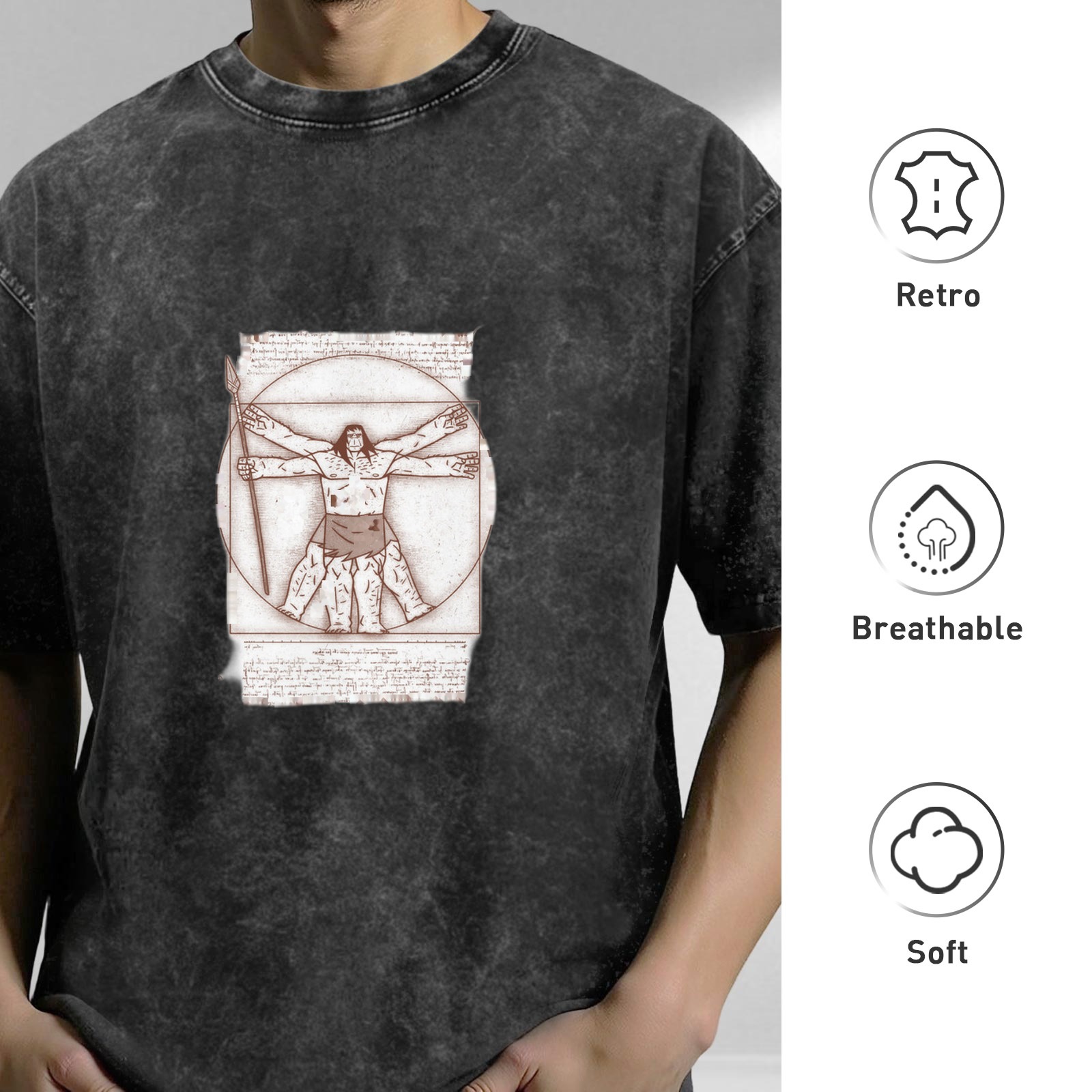 Oversized Acid Wash T-Shirt With Vitruvian Barbarian Print