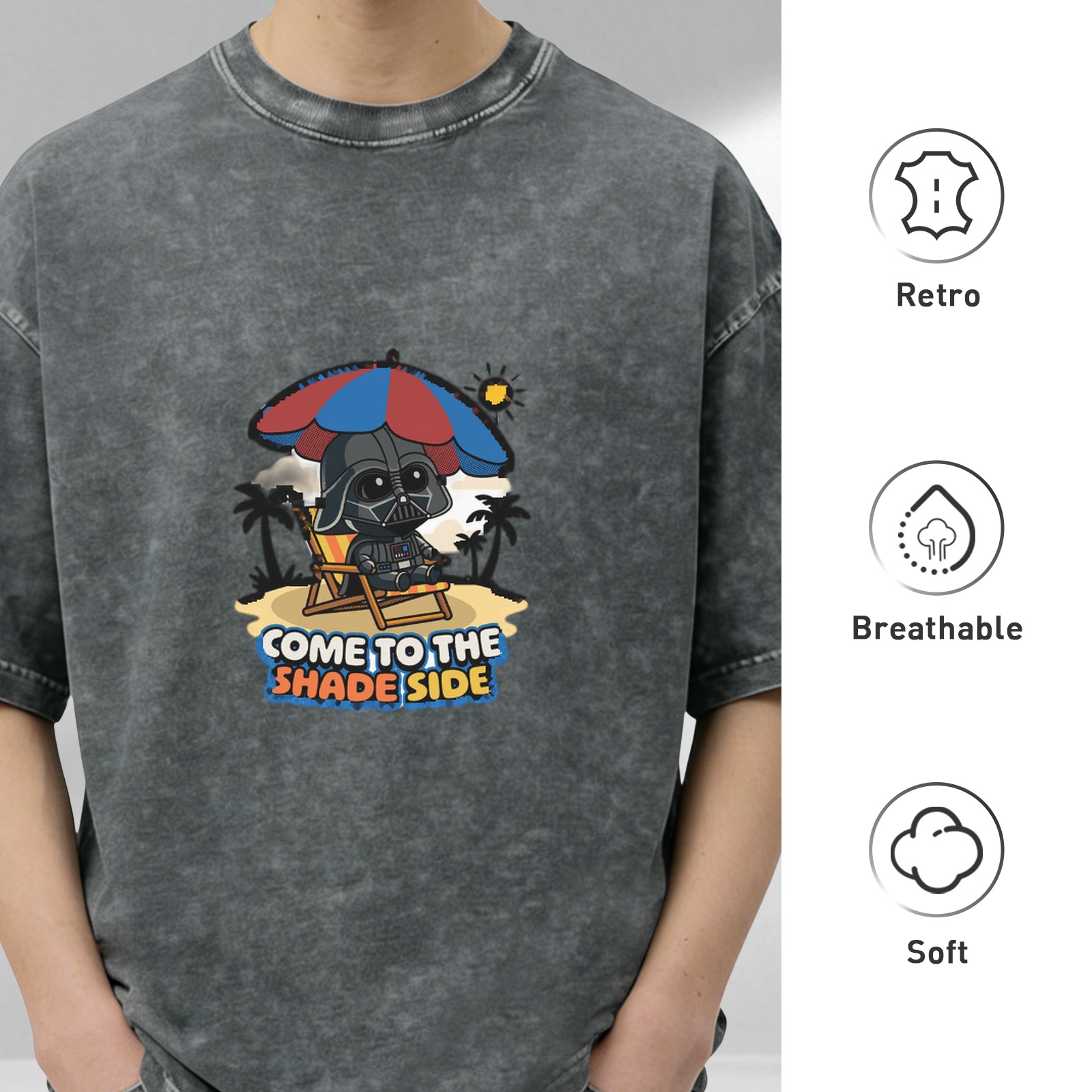 Washed Black T-Shirt with Cute Darth Vader Beach Shade Side Graphic