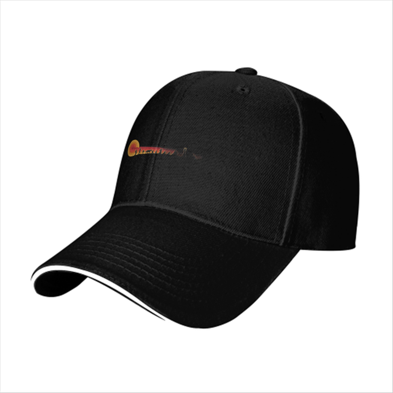 Black Baseball Cap with Sunset Landscape Graphic Design
