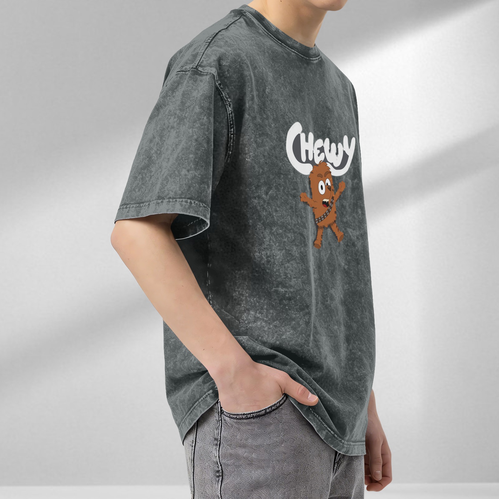 Oversized Vintage Wash T-Shirt with Cartoon Chewbacca 'Chewy' Graphic Print
