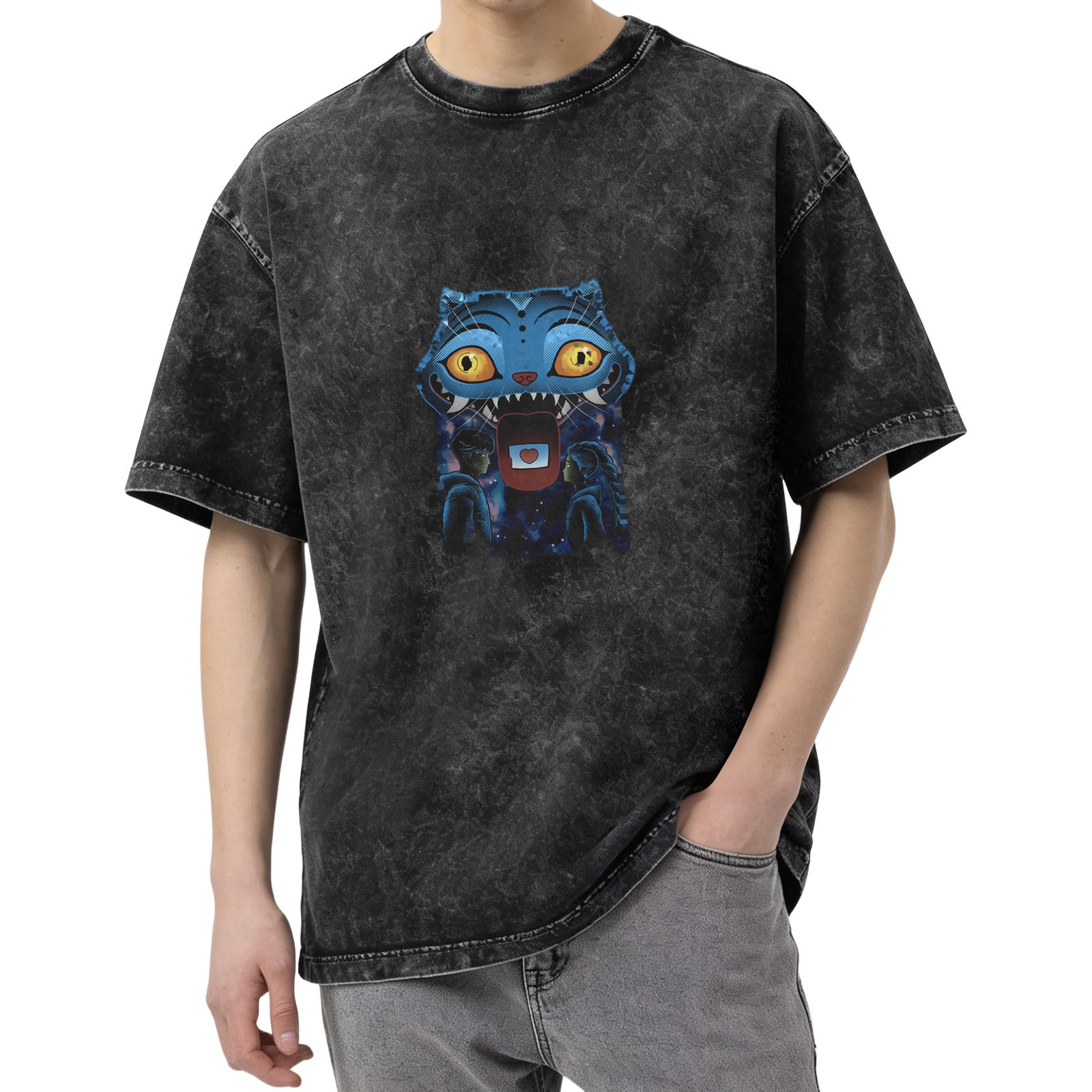 Distressed washed black loose short-sleeved T-shirt with blue cartoon monster pattern printed on the chest