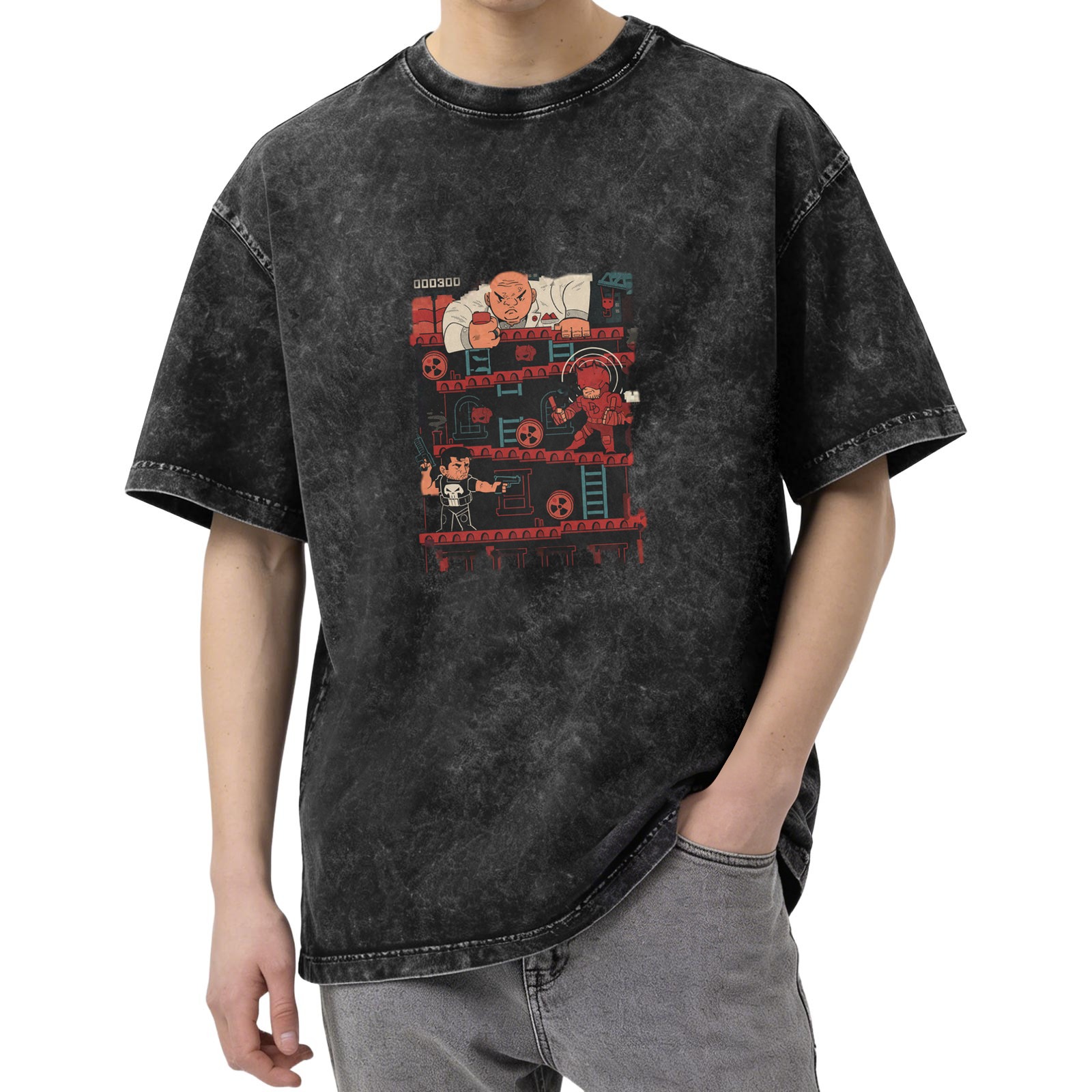 Marvel Superhero Retro Arcade Game Graphic Acid Wash T-Shirt