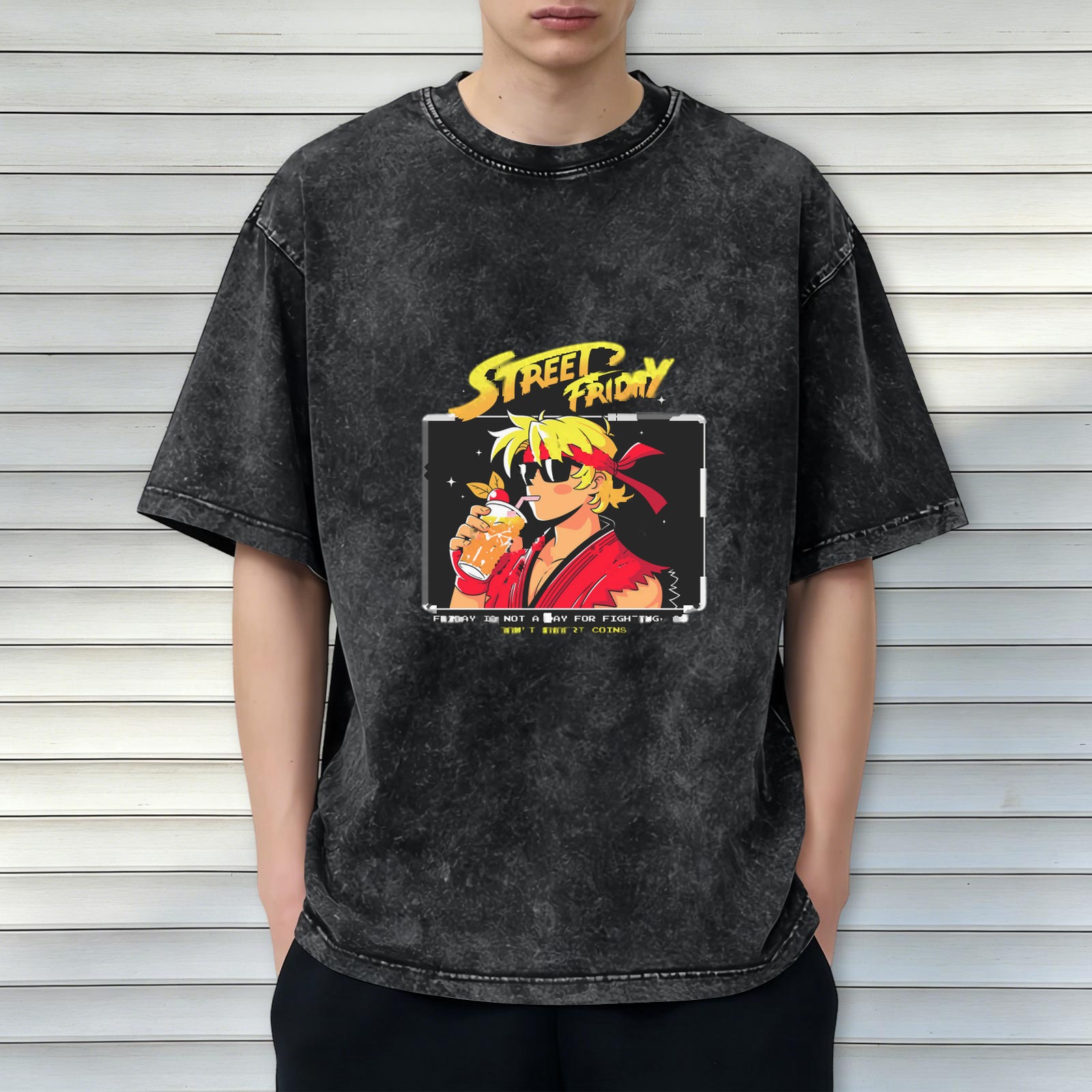 Street Friday Anime Fighter Drink Graphic Acid Wash T-Shirt