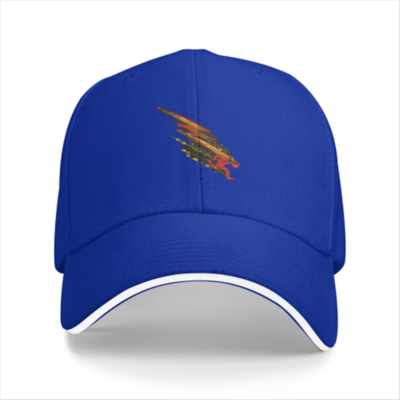 Black baseball cap with stylized fiery feathered creature graphic