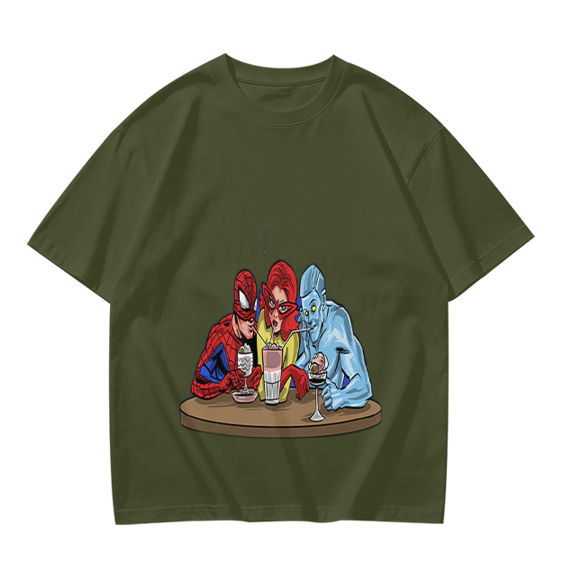 Olive T-Shirt With Superhero Characters Sharing Drinks Print