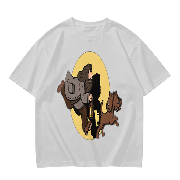 Olive T-Shirt With Cartoon Man And Dog Running Graphic