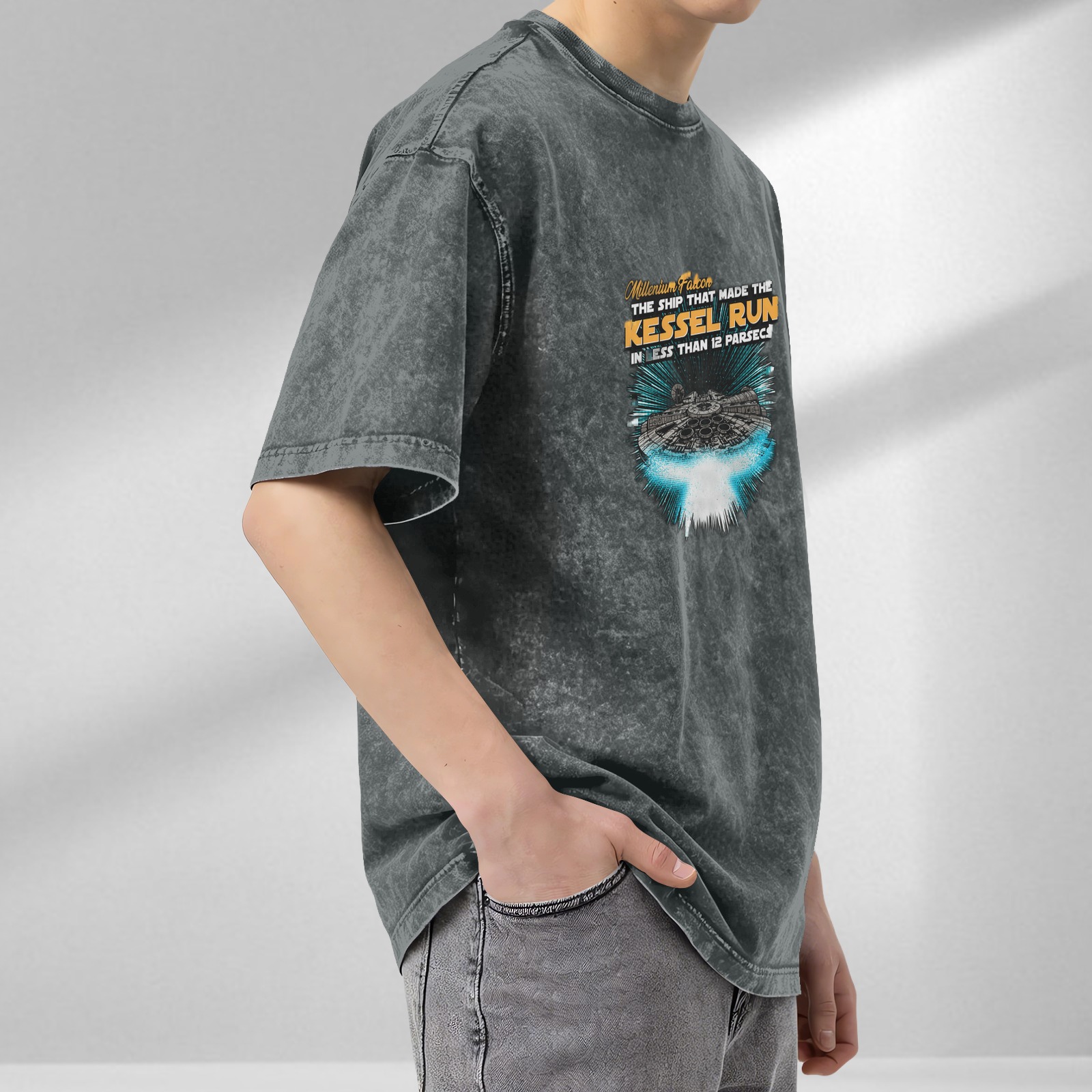 Star Wars Millennium Falcon Kessel Run Graphic Acid Wash T-Shirt