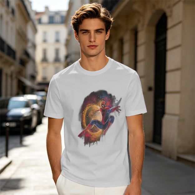 Olive Green Spider-Man Graphic T-Shirt with Cosmic Art Print