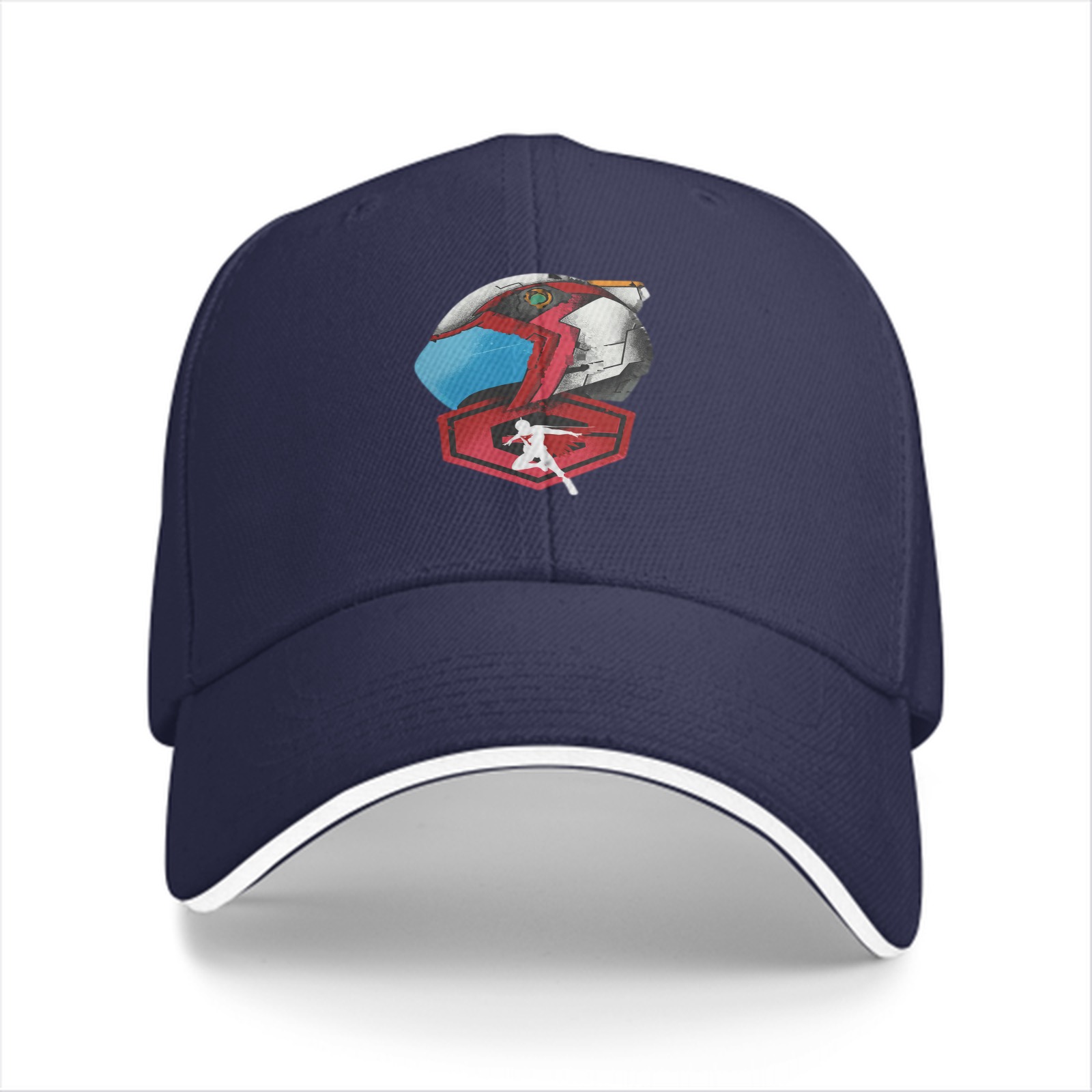 Black baseball cap with anime mech helmet graphic