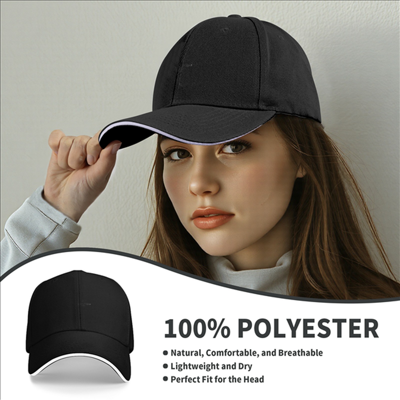 Black Baseball Cap with White Trim Brim