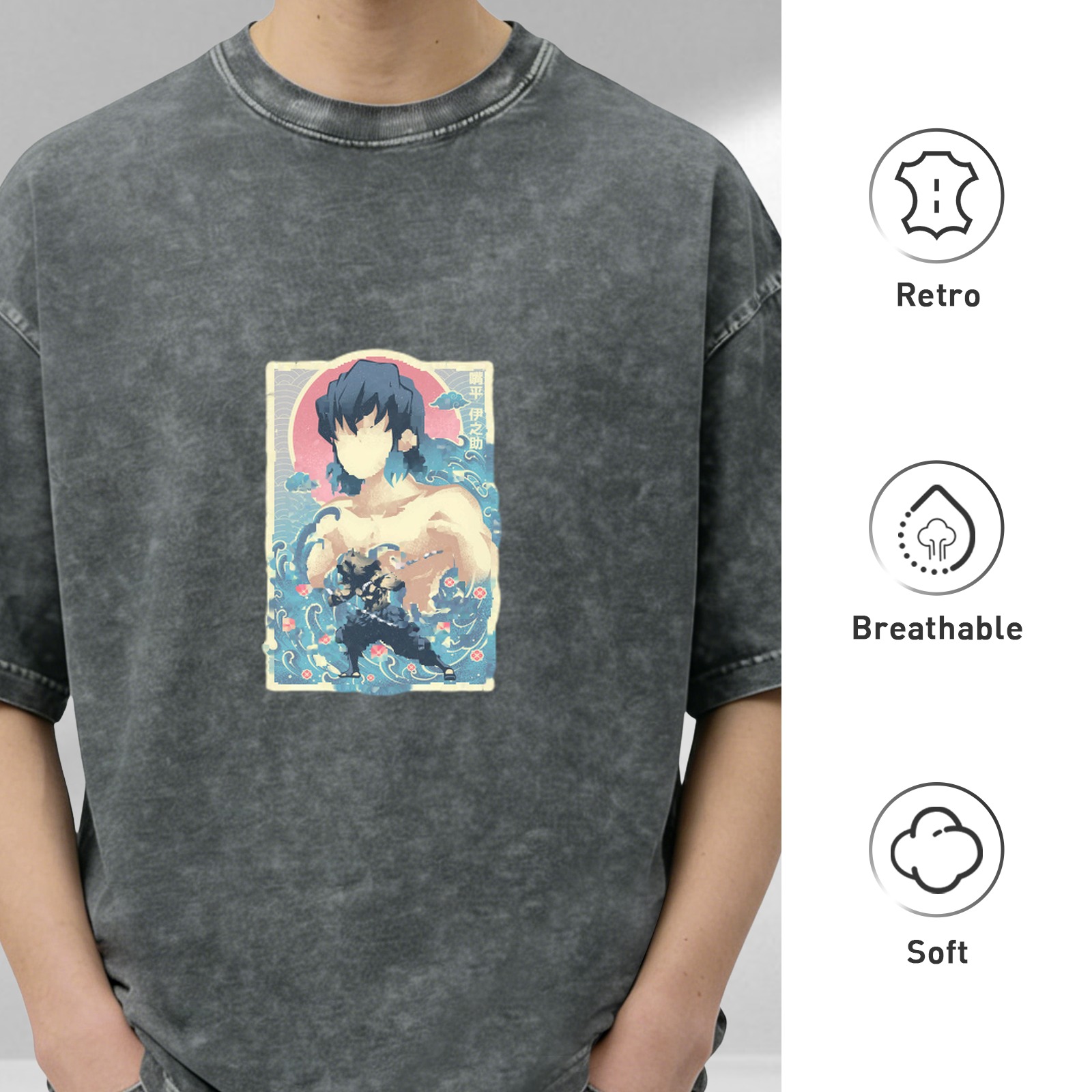 Oversized Acid Wash T-Shirt with Demon Slayer Inosuke Anime Graphic