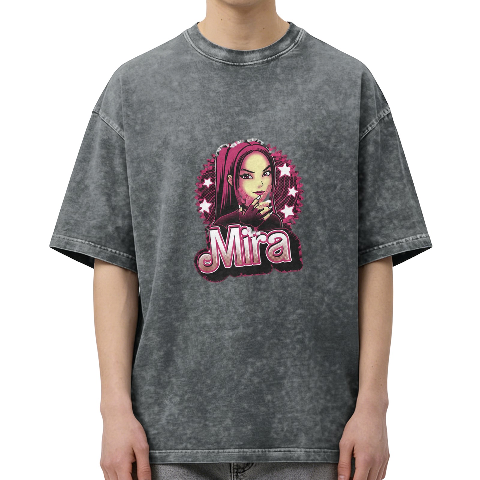 Washed Black Graphic T-Shirt with Mira Anime Girl Print