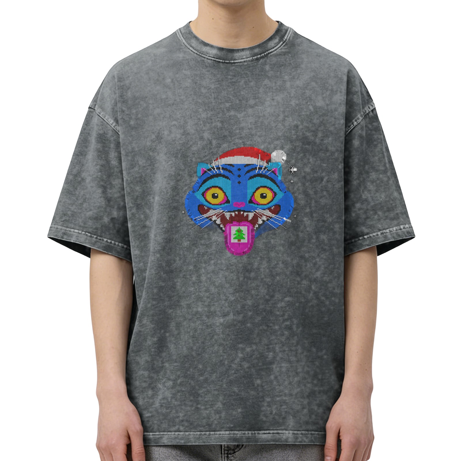 Oversized Dark Wash T-Shirt With Festive Blue Cat Santa Graphic