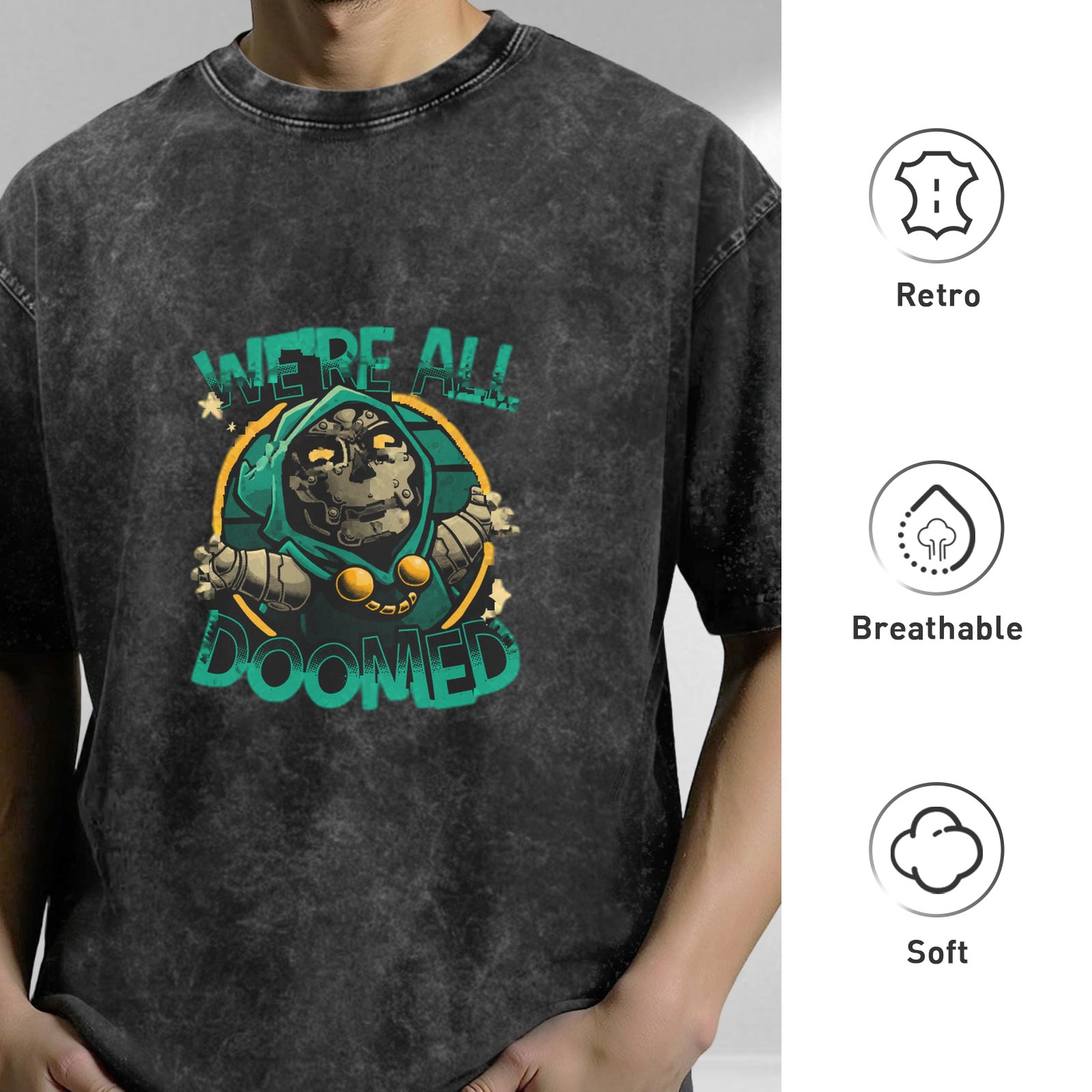 Retro washed black loose short-sleeved T-shirt Marvel Doctor Doom themed print 'WE'RE ALL DOOMED' graphic top