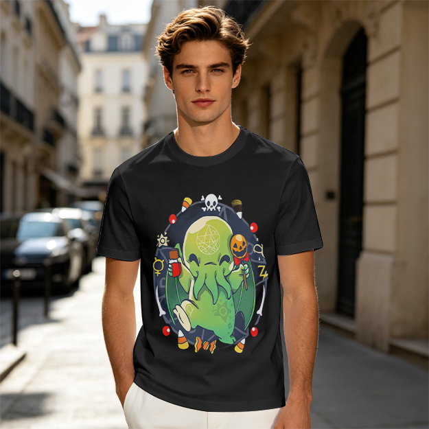 Olive T-Shirt With Cute Halloween Cthulhu Graphic Print
