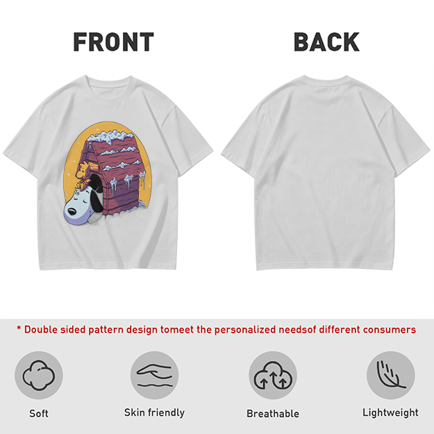 Olive T-shirt with Snoopy and Woodstock at snow-covered doghouse