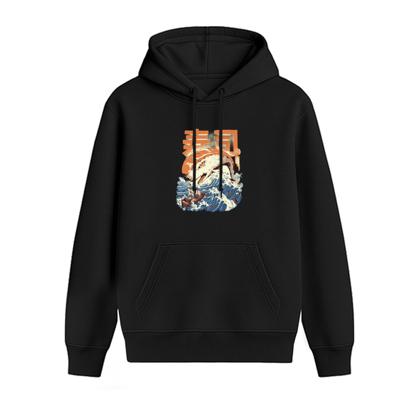 Black hoodie with Japanese wave and sushi graphic print