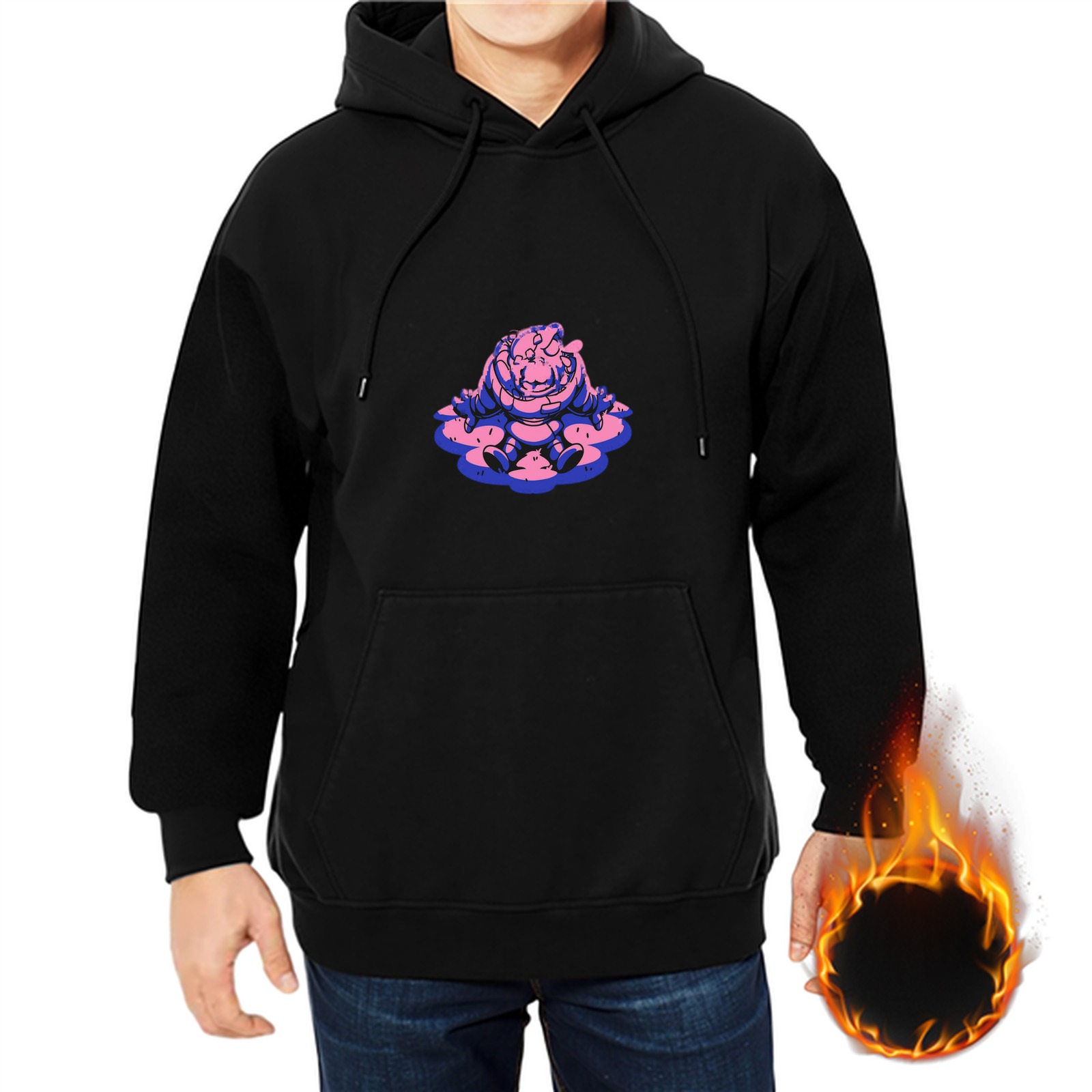 Black Hoodie With Pink And Purple Cartoon Character Print