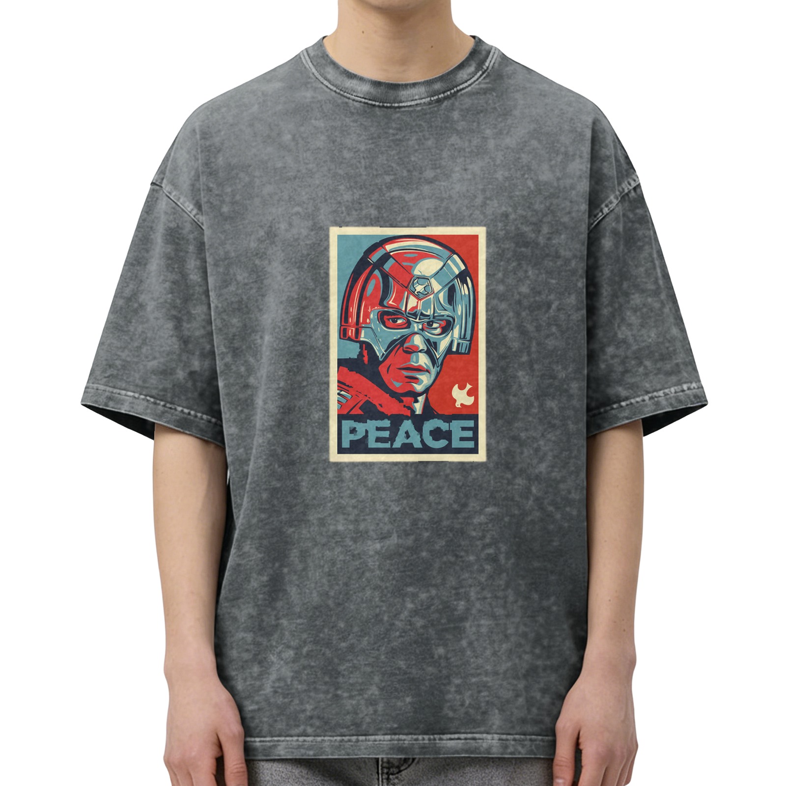 Distressed washed black short-sleeved T-shirt Peacemaker themed print Loose casual top