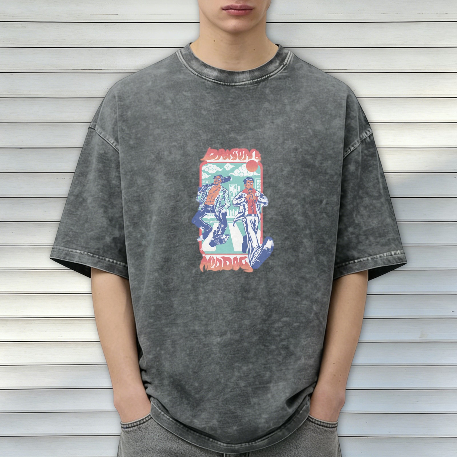 Vintage Washed Graphic T-Shirt with Retro Street Characters Print