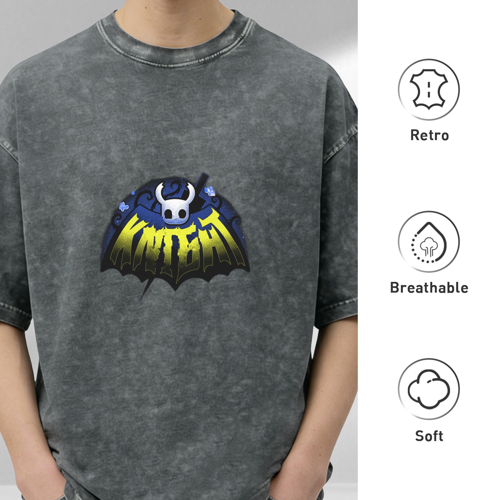 Oversized Dark Wash T-Shirt With Hollow Knight Graphic Print