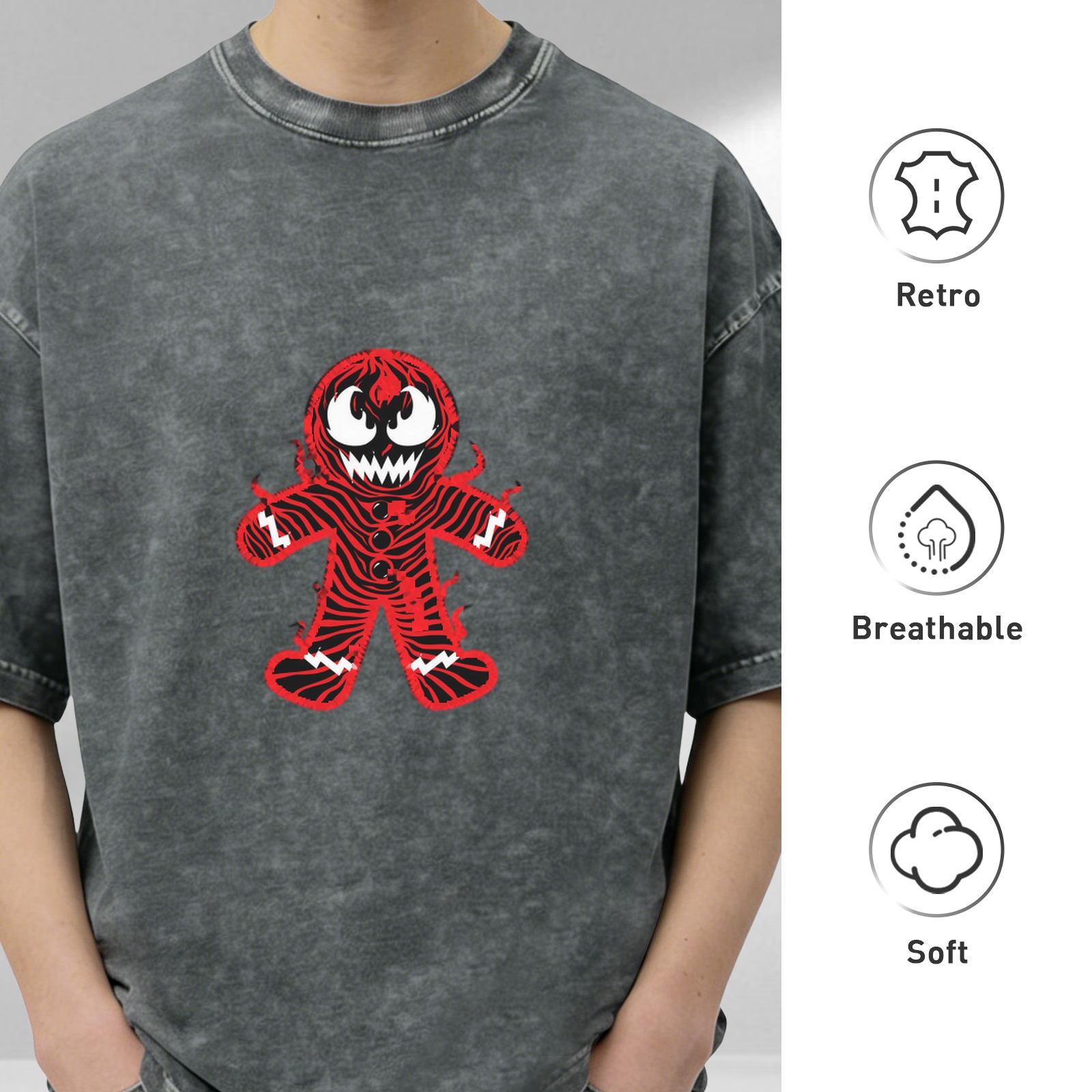 Oversized Acid Wash T-Shirt With Evil Gingerbread Man Print