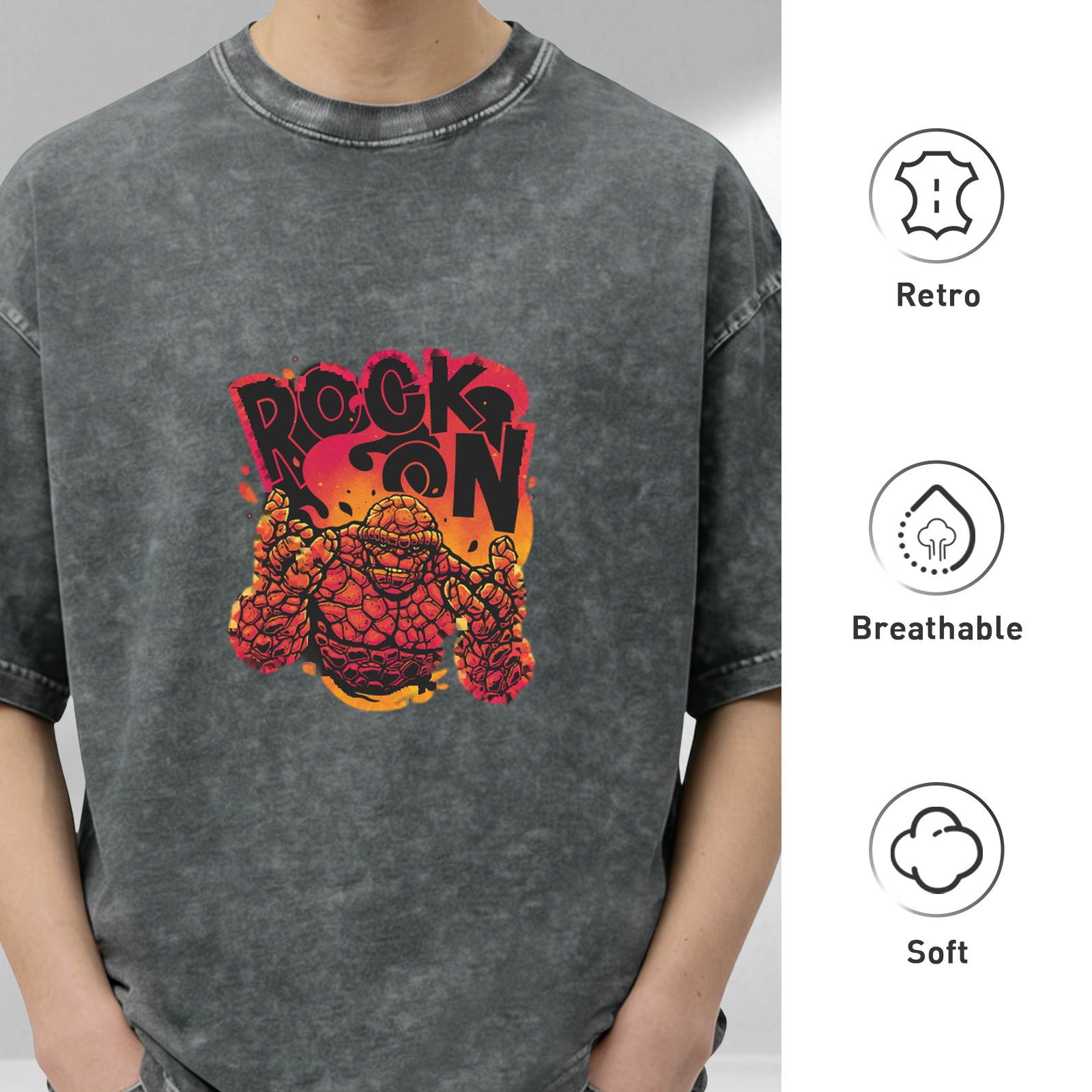 Oversized Acid Wash T-Shirt with Rock On Superhero Graphic