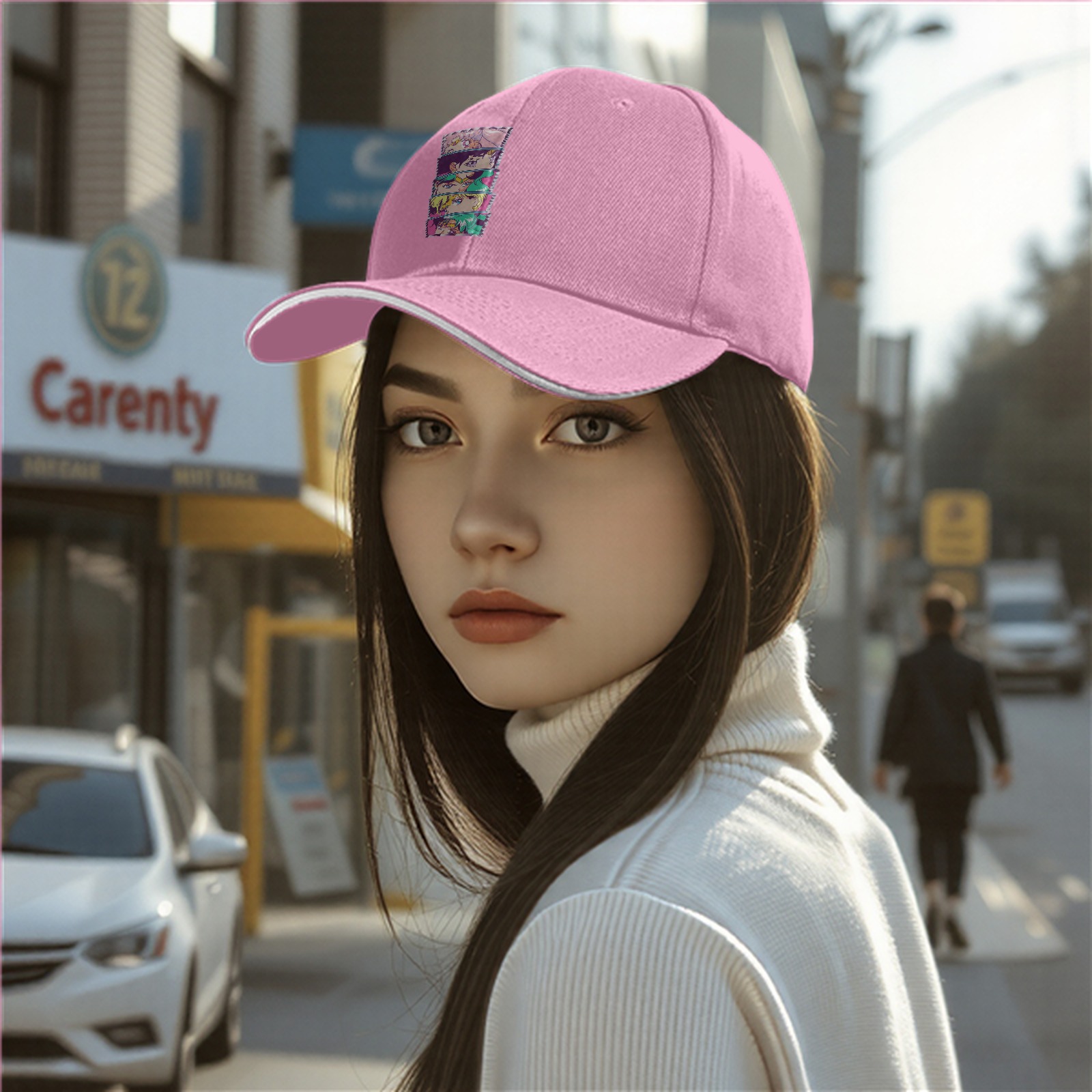 Black Baseball Cap with Anime Character Face Stack Print