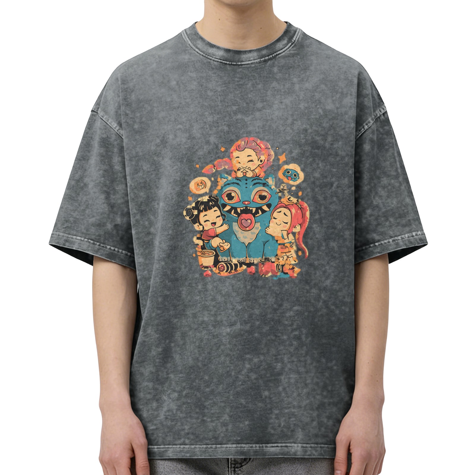Oversized Vintage Wash T-shirt with Cute Monster & Chibi Characters Graphic Print, Dark Gray Acid Wash Casual Tee