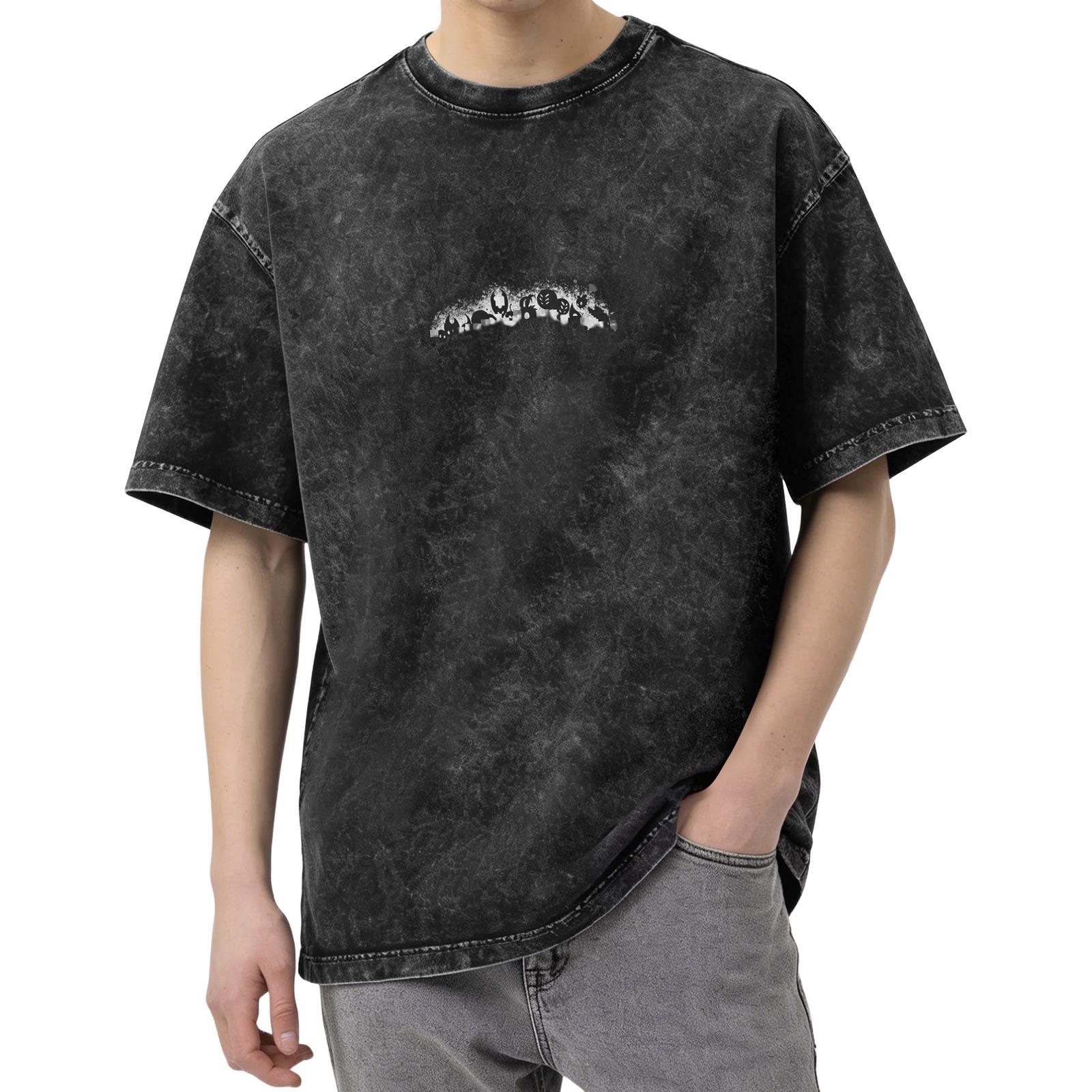 Distressed washed black round neck short-sleeved T-shirt with small curved pattern design on the chest. Loose and casual style.
