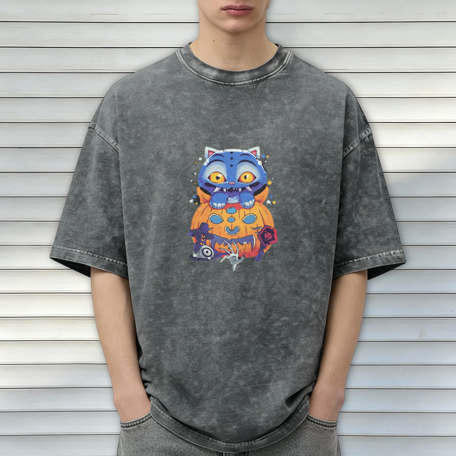 Oversized dark washed graphic t-shirt with spooky Halloween cat and pumpkin