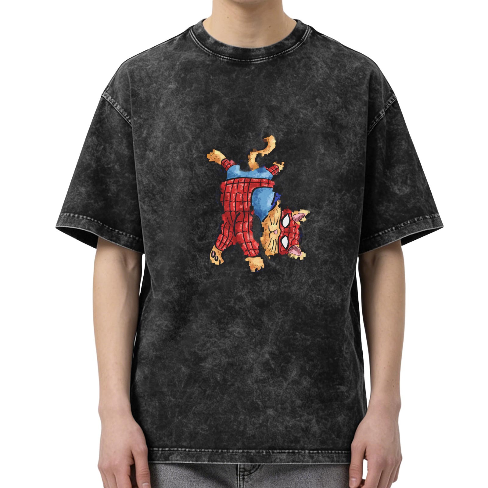 Washed Black T-Shirt With Playful Spider Cat Graphic Print