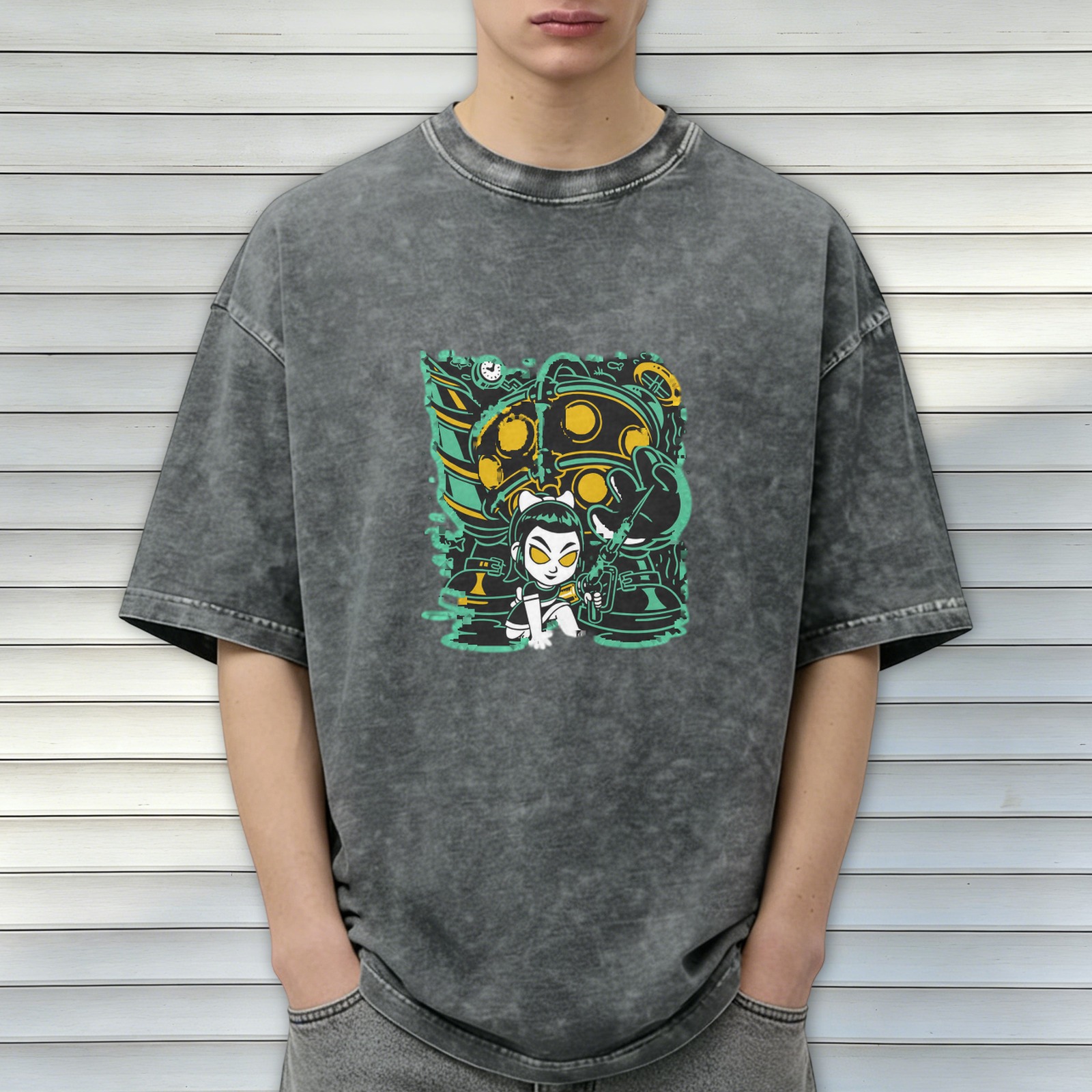 Washed Black Oversized T-Shirt With Cartoon Underwater Character Print
